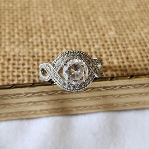 Diamond Rhinestones Layered Bedazzled Band Silver Tone Engagement Style Ring